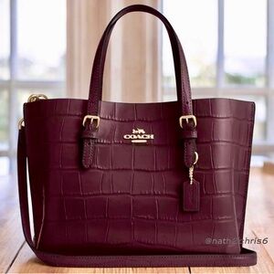 Coach Mollie 25 Crocodile-embossed leather Tote bag in Dark Wine (Burgundy).